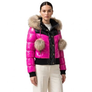 Chaqueta Acolchada Rosa con Capucha, Impermeable, Ecológica, con Ribete de Piel, Cierre de Cremallera, Color Sólido, para Mujer, Invierno - Product Image 3