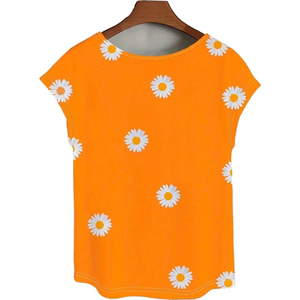 Venta al por mayor: Nuevo estilo de verano para mujer, camiseta holgada de algodón y elastano con estampado de flores de manzanilla, transpirable, antipilling, cuello en V y manga corta. - Product Image 3