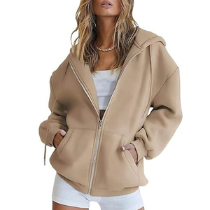 Top quality Women Oversized Hooded <b>Zipper</b> <b>Sweatshirt</b> Solid Color Fleece Drop-Shoulder Long Sleeve Autumn Casual Wear - Product Image 3