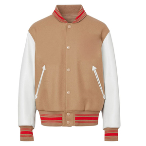 Blouson universitaire personnalisé pour homme, corps crème, manches en cuir blanc, col montant côtelé rayé rouge, color block, veste d'automne - Product Image 4