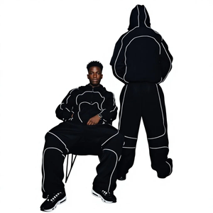 Men <b>Black</b> Hooded <b>Windbreaker</b> Tracksuit Drawstring Regular Fit Streetwear Solid Color White Trim Side Pockets Winter Wear 100% - Product Image 1