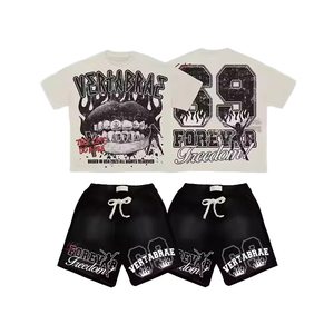 High Quality Men's Casual Summer Terry Cotton Short <b>Sets</b> Two-Piece Raw Hem <b>Knitted</b> DTF Printed 220 GSM Short Sleeves Short <b>Set</b> - Product Image 1