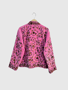 Veste en polaire rose brodée, col mandarin, manches longues, grande taille, motif floral, broderie à la main, vêtements d'automne pour femmes - Product Image 3