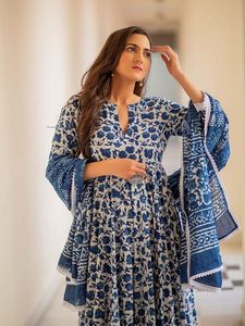 Ensemble Anarkali Twinfeet pour femme avec pantalon et dupatta, en coton imprimé Procion, orné de dentelle, longueur genou, pour occasions de mariage - Product Image 2