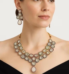 White <b>Ruby</b> Vintage IGI Certified Brass Gold Plated Wave <b>Necklace</b> Set Bridal Wedding Engagement Party Statement <b>Necklace</b> - Product Image 1