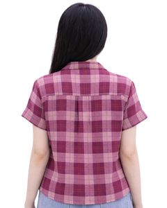 Custom Pink And Maroon Plaid Womens Short Sleeve Button Up Shirt Casual Summer Lightweight Breathable <b>Checkered</b> <b>Top</b> With Pocket - Product Image 2