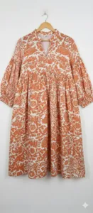 Robe midi bohème en coton à imprimé floral orange avec manches bouffantes, coupe ample, col noué, robe d'été pour femmes - Product Image 4
