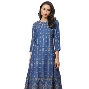 ชุดคุर्ตาอานาร์กาลีผ้าเรยอนสีน้ำเงินพิมพ์ลายดอกไม้สำหรับผู้หญิง คอทรงเรือ แขนสามส่วน เหมาะสำหรับสวมใส่ลำลองสไตล์ชาติพันธุ์ทั่วโลก - Product Image 1
