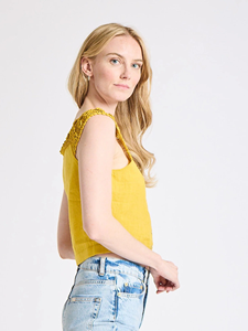 Top corto da donna senza maniche in cotone con bottoni frontali in pizzo all'uncinetto, top casual estivo giallo - Product Image 2