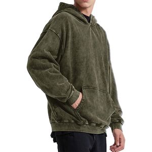 Sudadera con capucha para hombre, color verde oliva oscuro, con lavado ácido, de algodón grueso y forro polar, estilo urbano, oversize, personalizable, lisa - Product Image 4