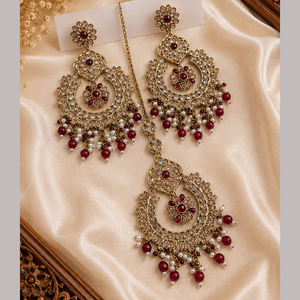 Pendientes colgantes JeweleMarket chapados en oro con cuentas de cristal y Maang Tikka para fiestas, compromisos y aniversarios - Estilo étnico - Product Image 5