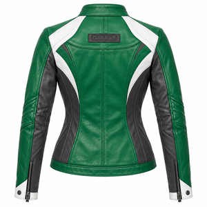 <b>Green</b> Womens Leather Jacket Genuine Cowhide <b>Motorbike</b> Racing Outerwear Slim Fit Sport Biker Riding Coat Snap Collar Cuffs - Product Image 2