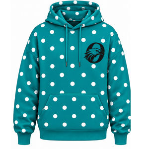 Sweat à capuche décontracté pour femme, personnalisé, blanc et bleu sarcelle à pois, en molleton, avec cordon de serrage, manches longues et poche kangourou avant - Product Image 1