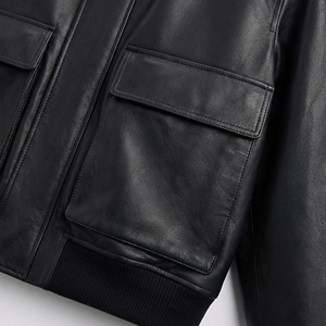 Black Shearling Collar Leather Bomber Jacket | Faux Leather Jacket | Oversized Streetwear Zip Bomber | Custom OEM Manufacturer - Product Image 4