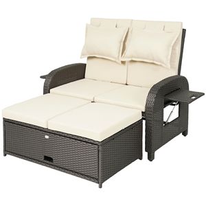 Lettino da giorno in rattan per patio con pouf contenitore e schienale regolabile, beige - Product Image 1