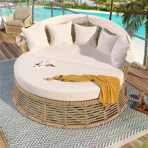 Sofá cama de mimbre para patio exterior con toldo retráctil, modelo N704G201243A, para piscina, con protección solar. - Product Image 2