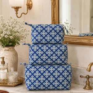Premium Jaipur Hand Block <b>Toiletry</b> Bag Set of 3 Multi Function Travel Organizer Cosmetic Bags Blue Floral Design Unisex Kids - Product Image 4
