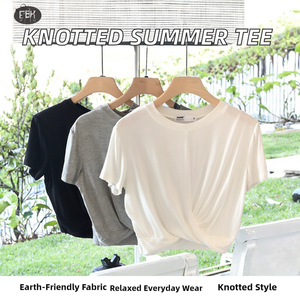 T-shirt court en coton pour femme, manches courtes, col rond, couleur unie, style minimaliste, respirant, tricoté, coupe ample, printemps-été - Product Image 5