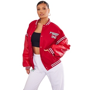 Wholesale Red Varsity <b>Jacket</b> Women PU Leather Sleeves Embroidered Logo Front Turn-Down Collar Full Sleeve Autumn Style - Product Image 1
