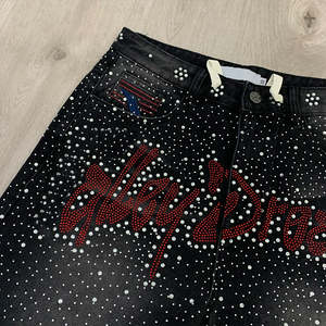 Shorts de mezclilla con pedrería, lavado vintage personalizado, para hombre, estilo holgado, cintura alta, streetwear, shorts de verano. - Product Image 2