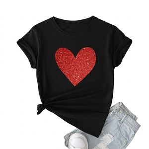 Women's <b>Red</b> Short Sleeve T-Shirt With <b>Glitter</b> Heart Print Casual Loose Fit Crew Neck Spring Summer Cotton T-Shirt Top - Product Image 6
