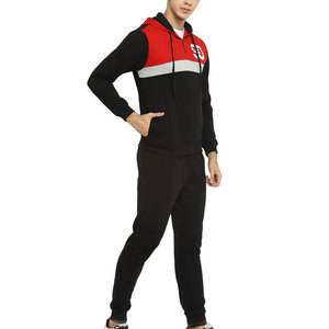 Men's Hooded Tracksuit <b>Set</b> Black Red Color Blocking Full Sleeve Casual Sweatshirt And Pants With Drawstring Closure - Product Image 5