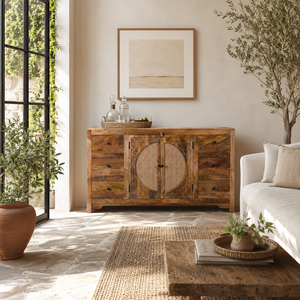 Aparador de Madera de Mango Tallado a Mano con Puertas de Ratán, Mueble de Almacenamiento Rústico, Mueble Boho para Sala de Estar - Product Image 5