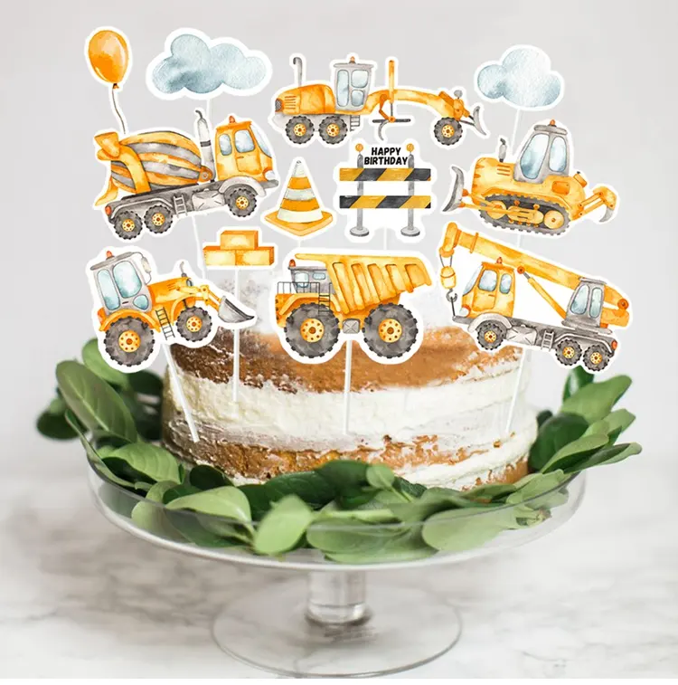 Engineering Vehicle Cupcake Decorations Excavator Cake Topper Kids Boys Favors Happy Construction Car Birthday Party Cake Decor