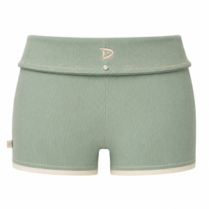 Shorts Deportivos de Lona para Mujer, Cintura Baja, Color Verde Sólido, Transpirables, Ecológicos, con Cierre de Cordón y Detalle de Botón de Perla, en Spandex/Algodón - Product Image 2