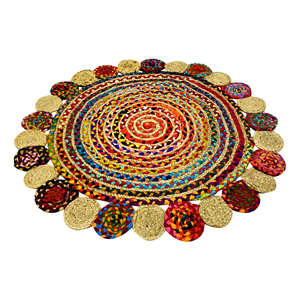 Alfombra Redonda Delgada de Yute Chindi Hecha a Mano con Diseño Boho de Retazos, Borde Trenzado en Espiral y Festoneado para el Hogar, Fácil de Limpiar - Product Image 2