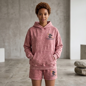Wholesale 500GSM Cotton Fleece Boxy Fit Pullover Hoodie with Matching Shorts <b>Set</b> Vintage Wash Chest Print Streetwear Apparel - Product Image 1