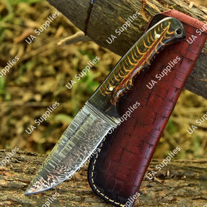 Cuchillo de hoja fija de acero de Damasco de grado industrial con punta caída y mango de resina de madera para camping, caza y uso al aire libre - ODM/OEM disponible - Product Image 5