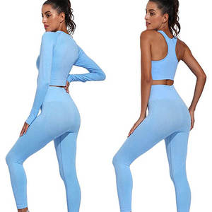 Ensemble de yoga 2 pièces bleu clair pour femme, dos nageur, col rond, sans couture, legging taille haute, crop top, tenue de sport unie pleine longueur - Product Image 4