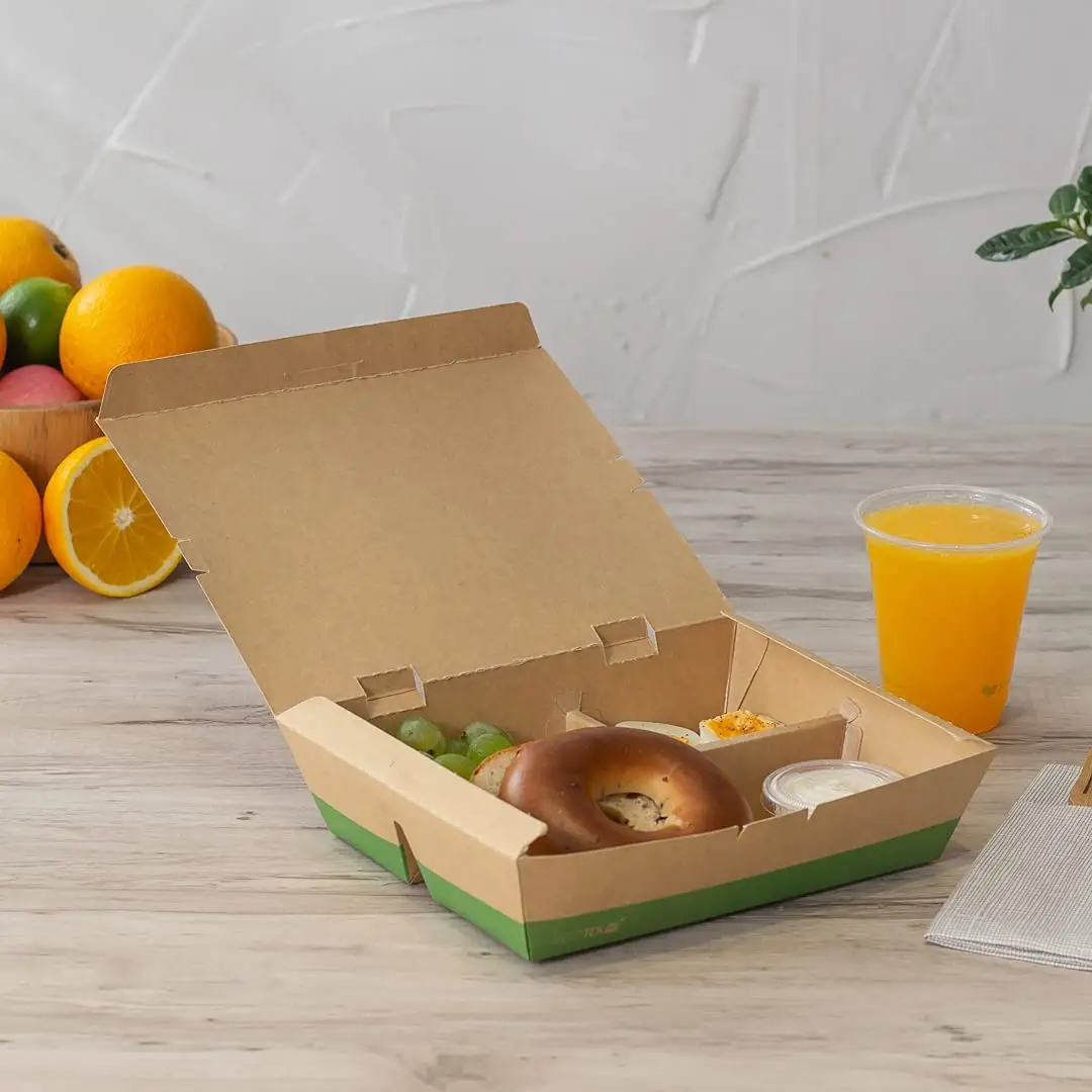 Caja de papel Kraft para comida, cajas de embalaje para llevar con compartimento, impresión personalizada, viene con un diseño de lágrima