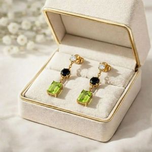 Peridot Rectangle Drop <b>Earrings</b> Black Obsidian Round CZ Accent Elegant Minimalist <b>Fine</b> Stud Dangle Jewelry Gift For Her - Product Image 5