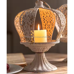 Crown Antique Decorative Metal Light <b>Holder</b> <b>Lantern</b> White Color <b>Candle</b> <b>Holder</b> and <b>Candle</b> Stand for Christmas - Product Image 1