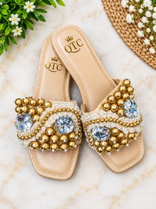 Beach Slide <b>Sandals</b> for Women Open Toe Flat Breathable Waterproof Casual Pearl Stone Decor Jute Upper <b>Comfortable</b> Holiday Shoes - Product Image 1