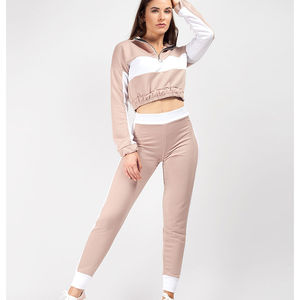 Ensemble de survêtement deux pièces pour femme, haut court uni, personnalisable, sweat à capuche zippé, pantalon de jogging, écologique, respirant, 100% coton - Product Image 1