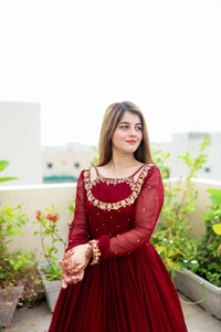 Hot Trending Pakistani Party Wear Dress Maroon Georgette Chiffon Anarkali Frock Heavy Embroidered Neckline <b>Wedding</b> Gown - Product Image 3