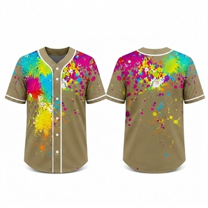 เสื้อเบสบอลยิมแอคทีฟแบบซับลิเมชั่นลายเพ้นท์สแปลช คอวีติดกระดุมเต็มตัว ผ้าตาข่ายระบายอากาศ ผลิตตามสั่ง รับผลิตแบบ OEM ขายส่งจากโรงงาน - Product Image 1