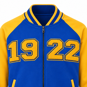เสื้อแจ็คเก็ตวาร์ซิตี้สีน้ำเงินรอยัล-เหลือง ปี 1922 ผ้าฟลีซ ปักลายเชนีล ปิดด้วยซิป คอและปลายแขนเสื้อแบบริบ  เสื้อคลุมลำลองสำหรับฤดูหนาว - Product Image 2