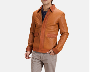 Men's Genuine <b>Leather</b> <b>Jacket</b> Solid Color Stand Collar Windproof Zipper Closure High Street <b>Winter</b> Style Regular Fit Front - Product Image 1