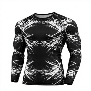 <b>Men's</b> <b>Long</b> <b>Sleeve</b> Compression Rash Guard Black <b>White</b> Abstract Print Breathable Quick Dry Spandex/Polyester MMA BJJ Grappling <b>Top</b> - Product Image 1