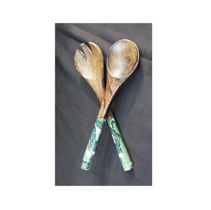 Ensemble de service à salade en bois personnalisé et écologique, cuillère et fourchette avec poignées à motif géométrique bleu, passe au lave-vaisselle - Product Image 6