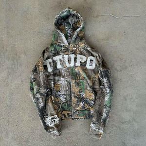 2025 New Fashion Custom Distress Embroidery <b>Zip</b> <b>up</b> <b>Hoodies</b> Vintage <b>Black</b> Acid Wash Real Tree Camo 100% Cotton <b>Hoodies</b> Men - Product Image 2