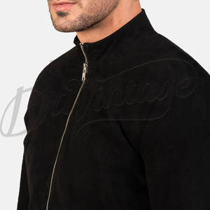 Chaqueta de cuero de gamuza negra para hombre, piel de oveja auténtica, corte ajustado, estilo casual para otoño e invierno, tipo bomber, con cierre de cremallera. - Product Image 6