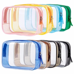 <b>Clear</b> PVC Zipper Cosmetic Travel Pouch Set PE Resealable Makeup Storage <b>Bag</b> <b>Toiletries</b> Beauty Products Pink Blue Yellow Trim - Product Image 4