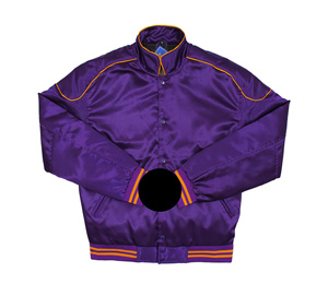 Chaqueta Varsity de Satén Morada para Hombre con Ribete Naranja, Cuello Alto, Corte Regular, Estilo Casual para Otoño - Product Image 1