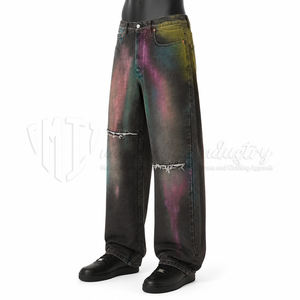 Jeans pour hommes personnalisés, noirs délavés, taille mi-haute, coupe ample, en denim épais, effet délavé par pulvérisation de couleur, style streetwear, vente en gros - Product Image 3