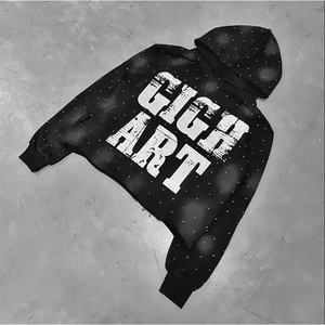 Sweat à capuche vintage 100 % coton pour homme, grande taille, coupe courte, ourlet brut, délavé à l'acide, imprimé personnalisé, effet soleil éclairé, avec strass, pour l'hiver - Product Image 3